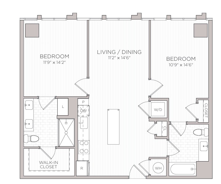 Floor plan for 2 beds, 2 baths, 1041 sqft